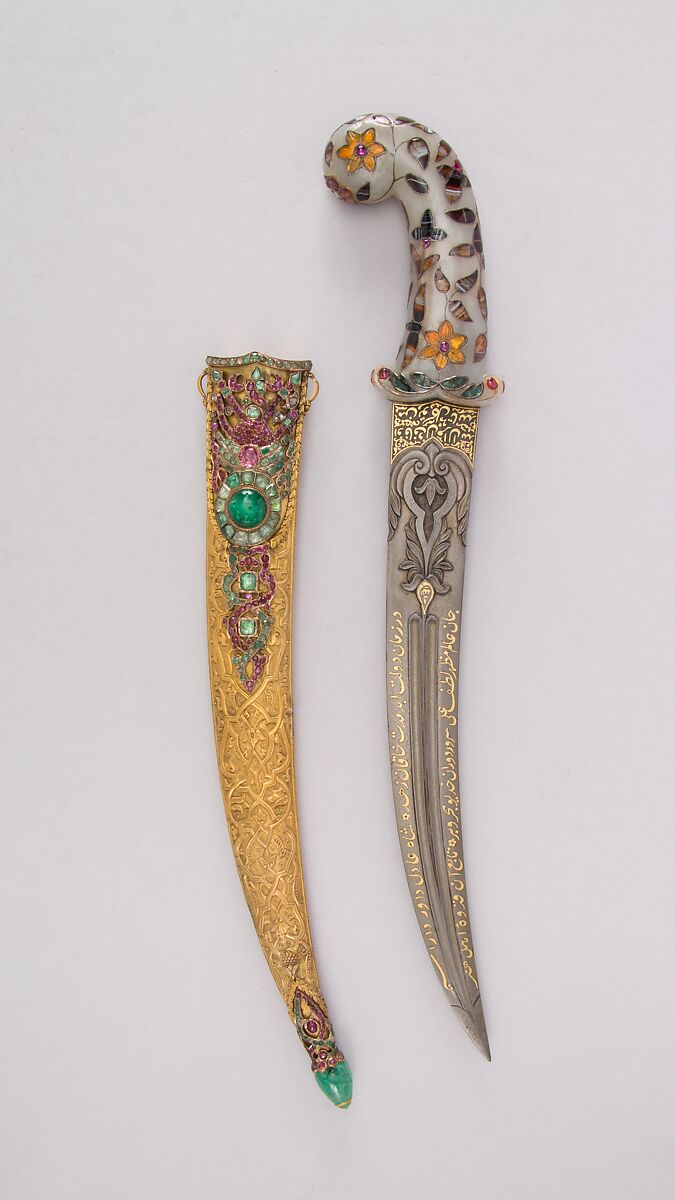 Dagger with Scabbard, Steel, copper, nephrite, agate, gemstones, colored stones, gold, silver, blade and scabbard, Turkish; hilt, probably Indian