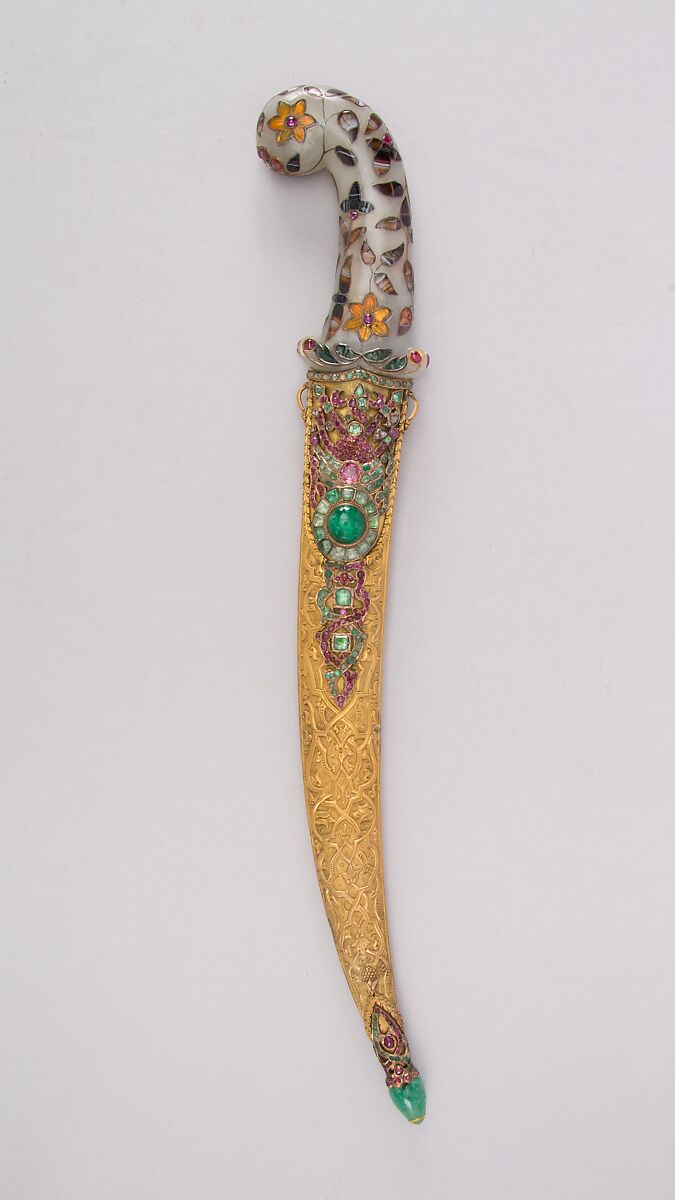 Dagger with Scabbard, Steel, copper, nephrite, agate, gemstones, colored stones, gold, silver, blade and scabbard, Turkish; hilt, probably Indian