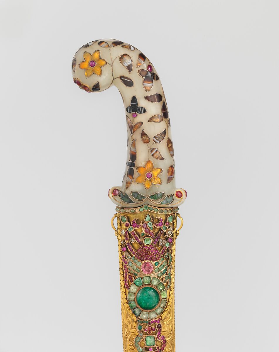 Dagger with Scabbard, Steel, copper, nephrite, agate, gemstones, colored stones, gold, silver, blade and scabbard, Turkish; hilt, probably Indian