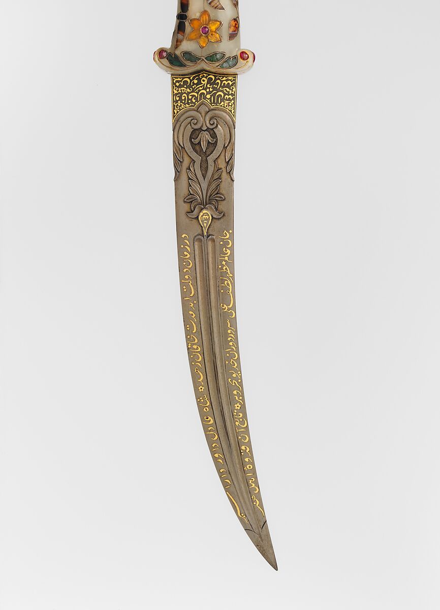 Dagger with Scabbard, Steel, copper, nephrite, agate, gemstones, colored stones, gold, silver, blade and scabbard, Turkish; hilt, probably Indian