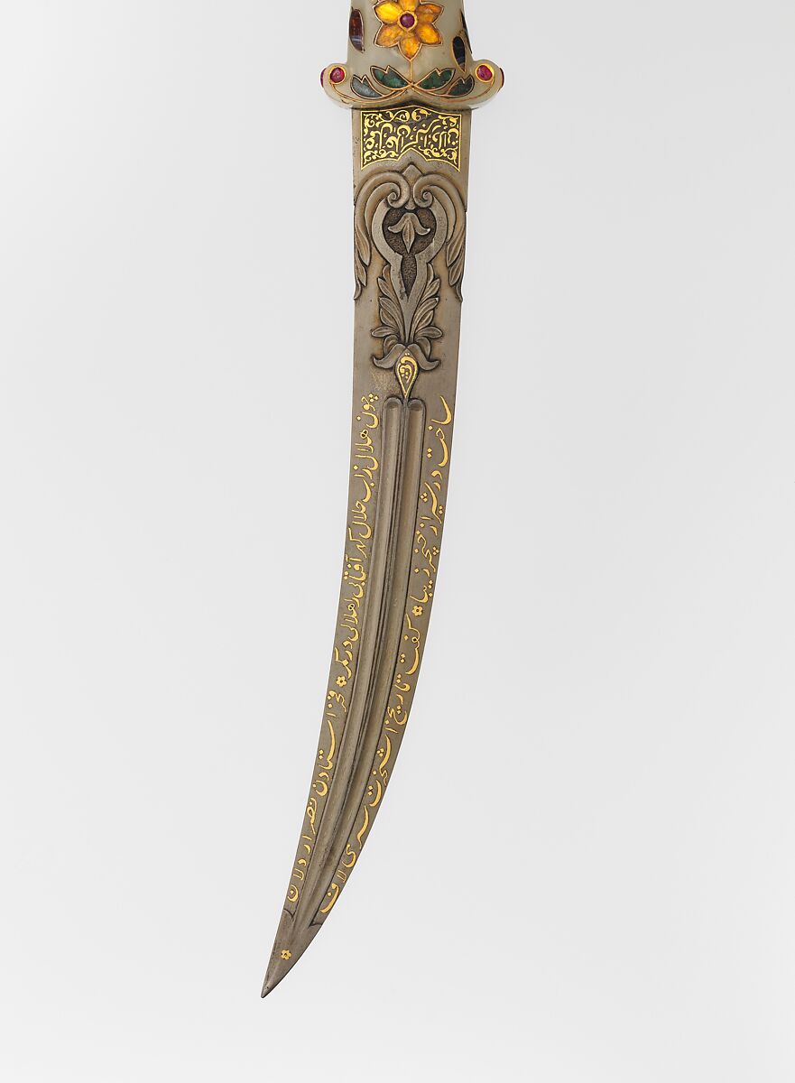 Dagger with Scabbard, Steel, copper, nephrite, agate, gemstones, colored stones, gold, silver, blade and scabbard, Turkish; hilt, probably Indian