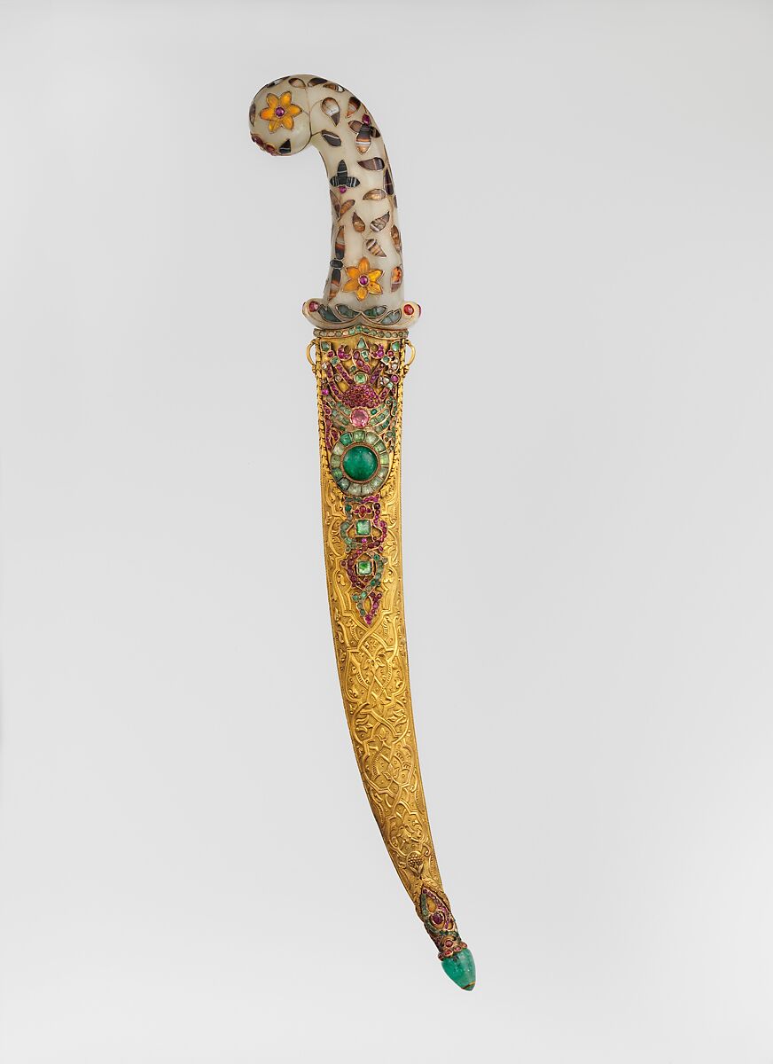 Dagger with Scabbard, Steel, copper, nephrite, agate, gemstones, colored stones, gold, silver, blade and scabbard, Turkish; hilt, probably Indian