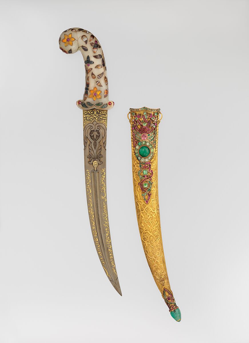 Dagger with Scabbard, Steel, copper, nephrite, agate, gemstones, colored stones, gold, silver, blade and scabbard, Turkish; hilt, probably Indian 