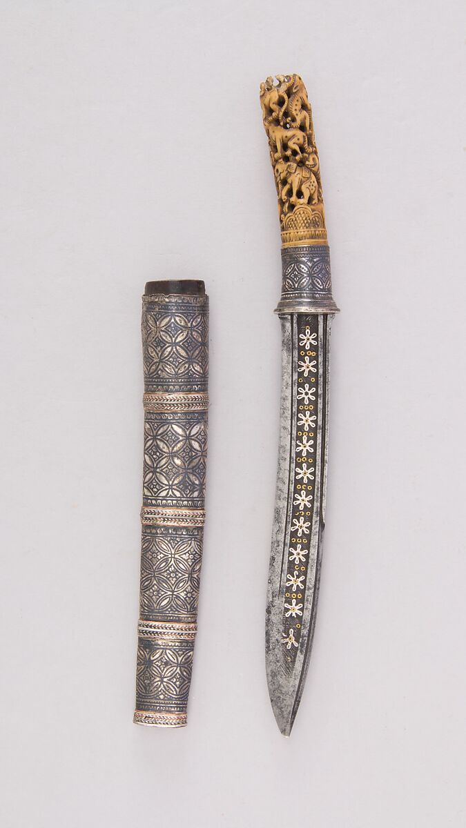 Dagger with Sheath (Dah Hmyaung or Dha), Steel, ivory, copper, wood, silver, gold, Burmese 