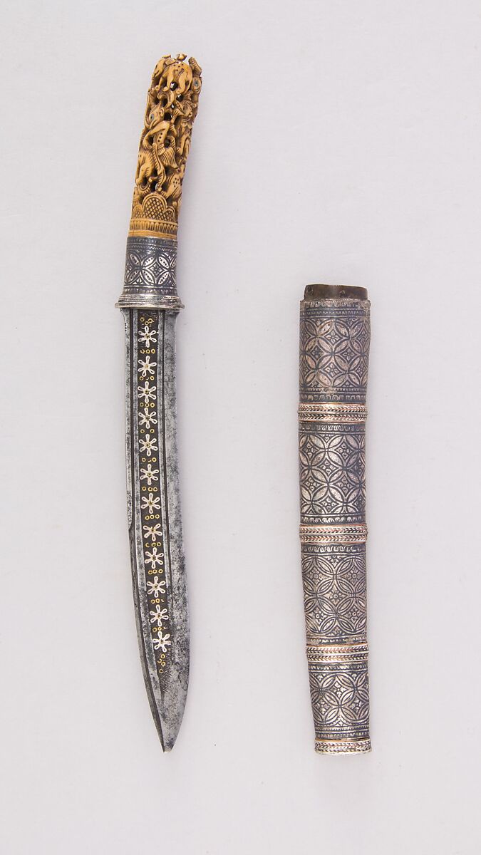 Dagger with Sheath (Dah Hmyaung or Dha), Steel, ivory, copper, wood, silver, gold, Burmese