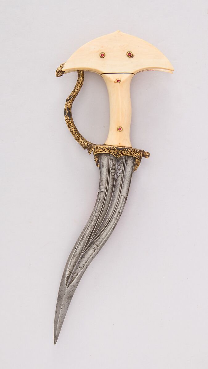 Dagger (Khanjarli), Steel, ivory (elephant), gold, ruby, South Indian 