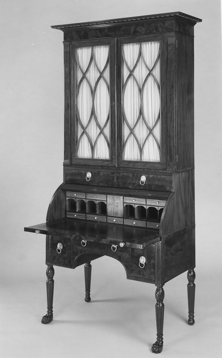 Cylinder Desk and Bookcase, Attributed to Duncan Phyfe (American (born Scotland), near Lock Fannich, Ross-Shire, Scotland 1768/1770–1854 New York), Mahogany, mahogany veneer, satinwood, gilded
gesso with yellow poplar, white pine, American