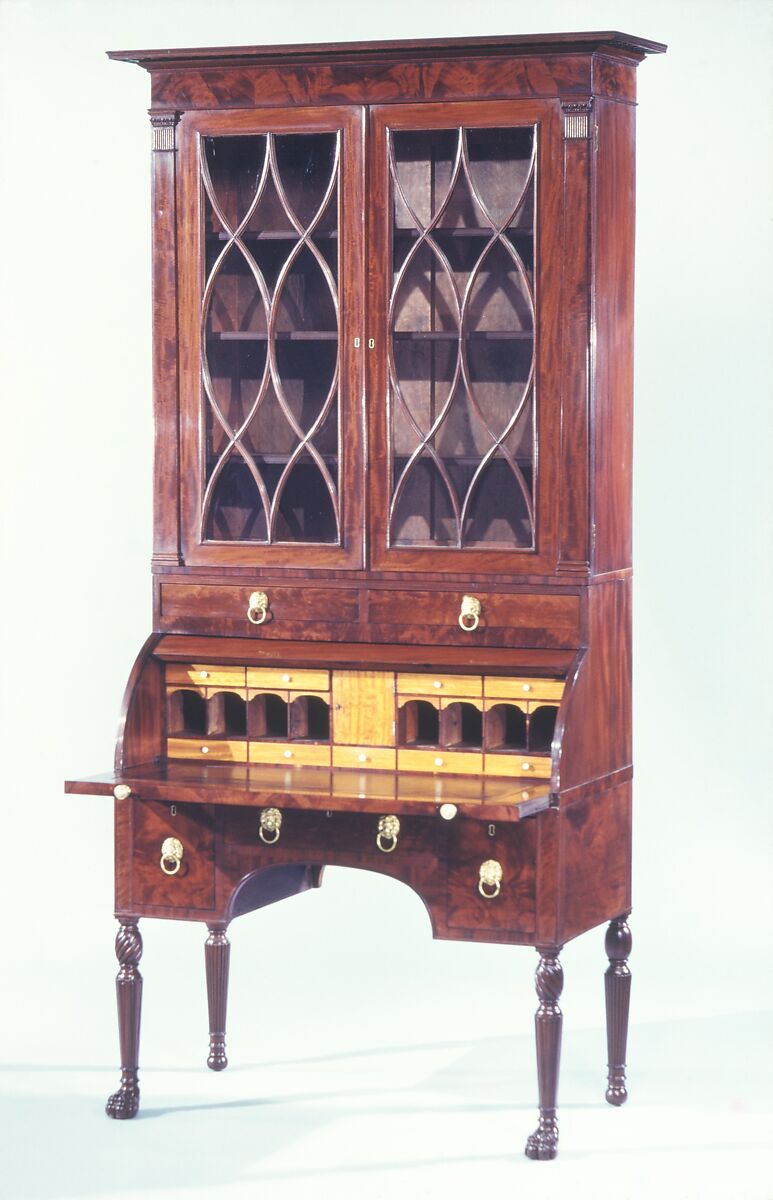 Cylinder Desk and Bookcase, Attributed to Duncan Phyfe (American (born Scotland), near Lock Fannich, Ross-Shire, Scotland 1768/1770–1854 New York), Mahogany, mahogany veneer, satinwood, gilded
gesso with yellow poplar, white pine, American
