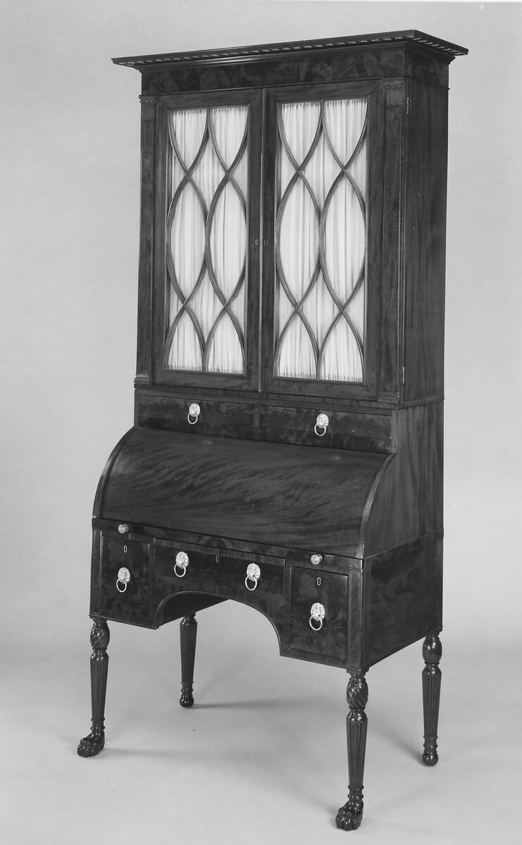 Cylinder Desk and Bookcase, Attributed to Duncan Phyfe (American (born Scotland), near Lock Fannich, Ross-Shire, Scotland 1768/1770–1854 New York), Mahogany, mahogany veneer, satinwood, gilded
gesso with yellow poplar, white pine, American