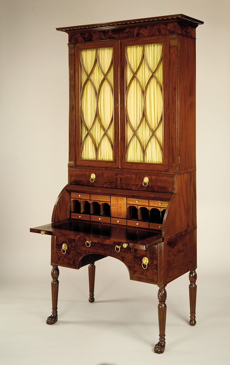 Cylinder Desk and Bookcase, Attributed to Duncan Phyfe (American (born Scotland), near Lock Fannich, Ross-Shire, Scotland 1768/1770–1854 New York), Mahogany, mahogany veneer, satinwood, gilded
gesso with yellow poplar, white pine, American