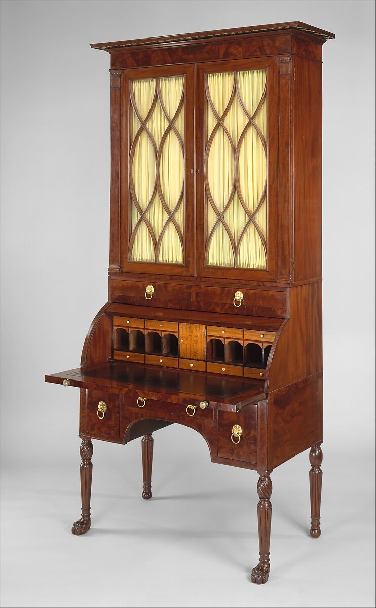 Cylinder Desk and Bookcase, Attributed to Duncan Phyfe (American (born Scotland), near Lock Fannich, Ross-Shire, Scotland 1768/1770–1854 New York), Mahogany, mahogany veneer, satinwood, gilded
gesso with yellow poplar, white pine, American