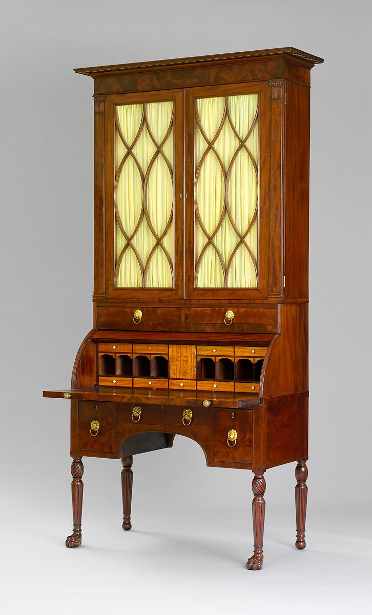 Cylinder Desk and Bookcase, Duncan Phyfe  American, born Scotland, Mahogany, mahogany veneer, satinwood, gilded<br/>gesso with yellow poplar, white pine, American