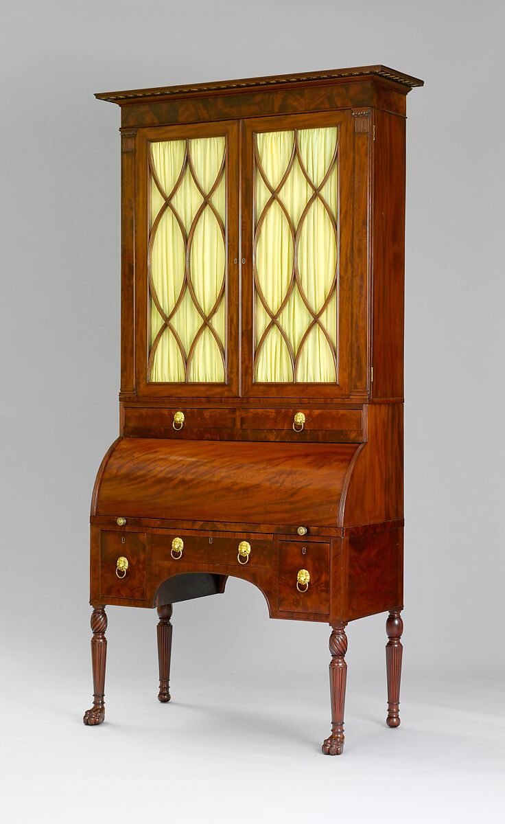 Cylinder Desk and Bookcase, Attributed to Duncan Phyfe (American (born Scotland), near Lock Fannich, Ross-Shire, Scotland 1768/1770–1854 New York), Mahogany, mahogany veneer, satinwood, gilded
gesso with yellow poplar, white pine, American