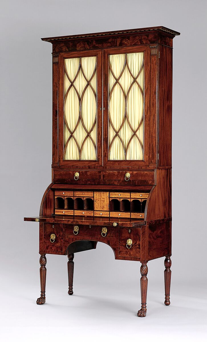 Cylinder Desk and Bookcase, Attributed to Duncan Phyfe (American (born Scotland), near Lock Fannich, Ross-Shire, Scotland 1768/1770–1854 New York), Mahogany, mahogany veneer, satinwood, gilded
gesso with yellow poplar, white pine, American