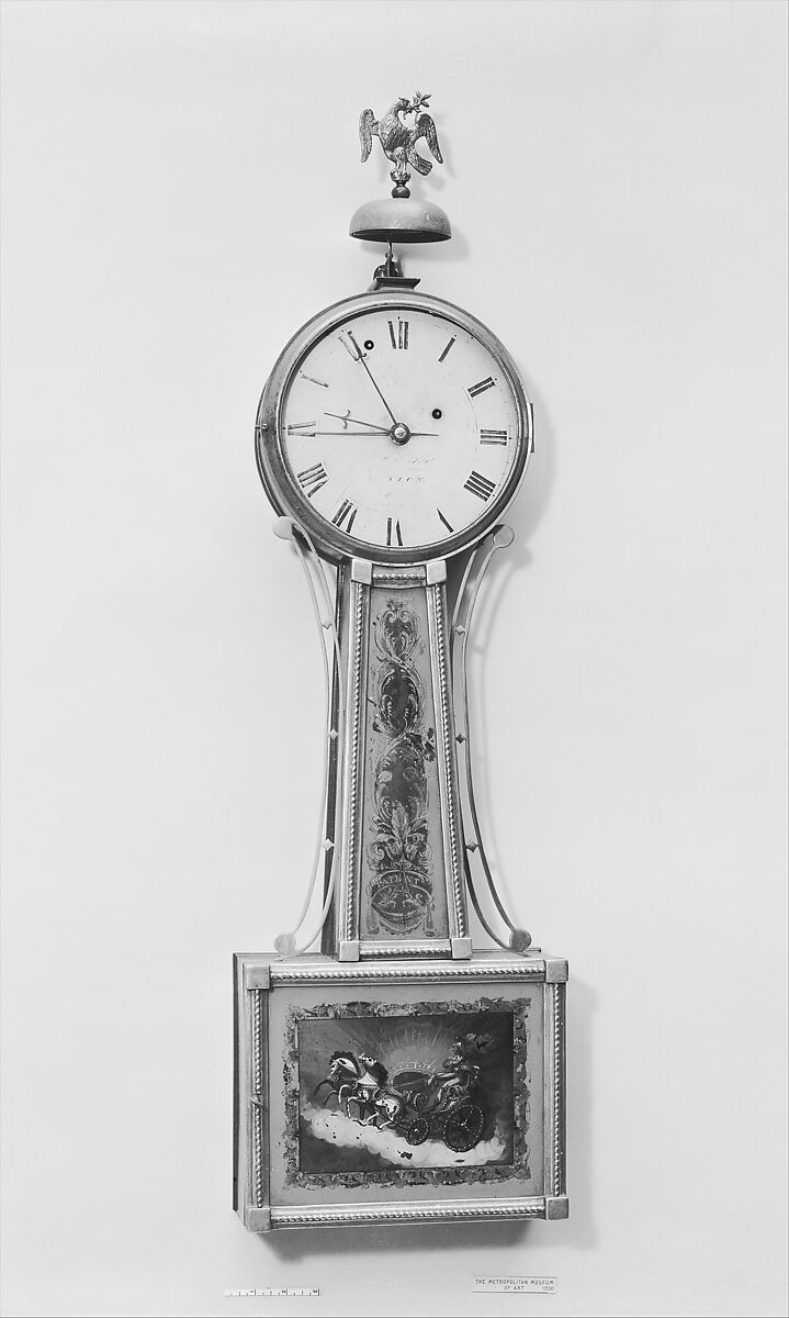 Banjo Clock, Aaron Willard Jr. (1783–1864), Mahogany, gilt gesso, eglomise tablets, white pine, tulip
 poplar, American 