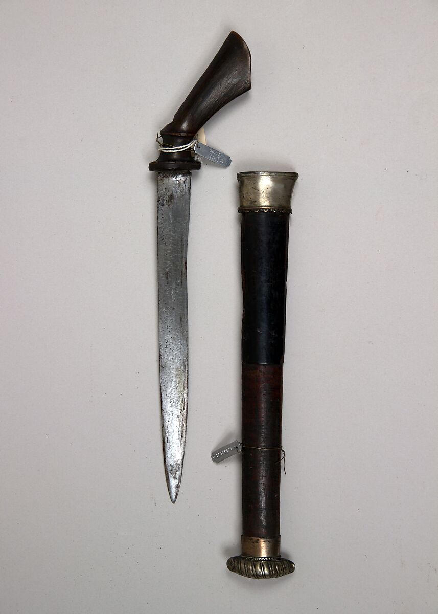 Knife with Sheath, Wood, silver, steel, horn, Malayan 