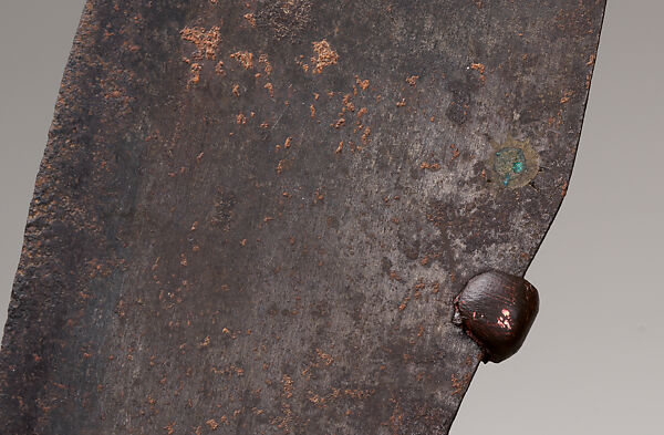 Piso sanalenggam (sword), Toba Batak artist, Water buffalo horn, copper/zinc alloy (sun inlay and end of the handle), lead (necklace and eyes of the handle figure), iron alloy, Toba Batak