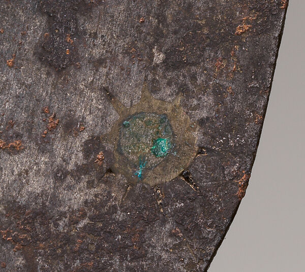 Piso sanalenggam (sword), Toba Batak artist, Water buffalo horn, copper/zinc alloy (sun inlay and end of the handle), lead (necklace and eyes of the handle figure), iron alloy, Toba Batak