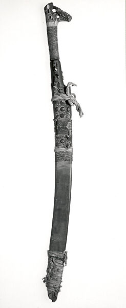 Sword (Mandau), Metal, wood, antler, tradecloth, fiber, Kenyah or Kayan peoples 