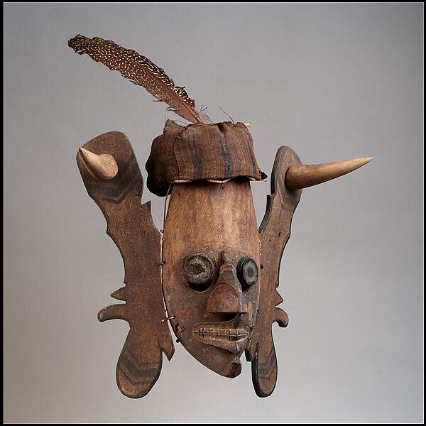 Mask (Hudoq), Wood, fiber, cloth, glass mirror, feather, paint, Kenyah or Kayan peoples 