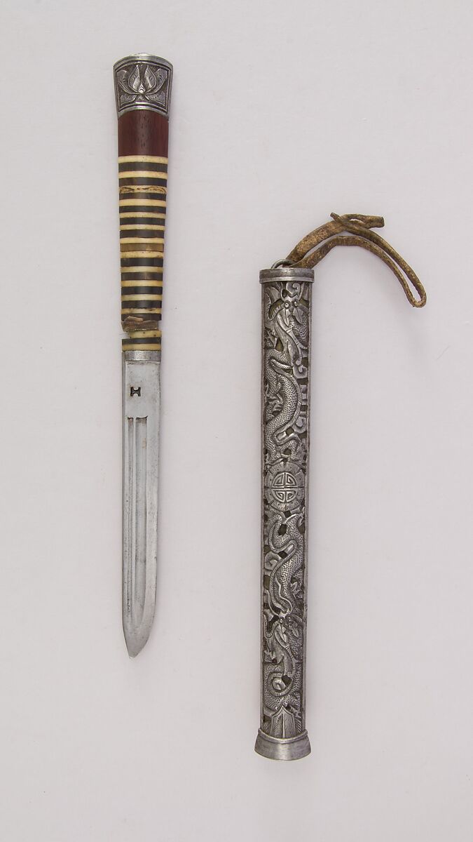 Knife with Sheath, Steel, brass, iron, wood, horn, bone, Chinese