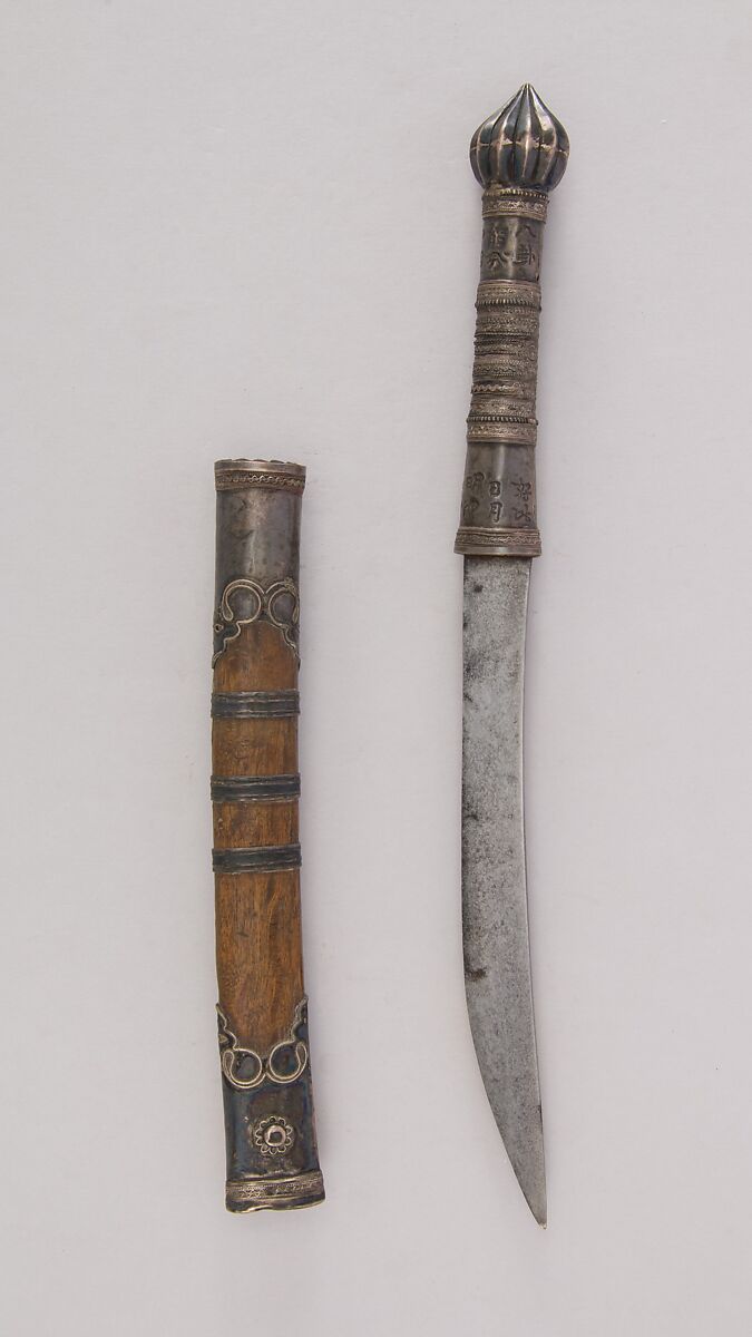 Knife (Dha) with Sheath, Silver, wood, steel, Thai 