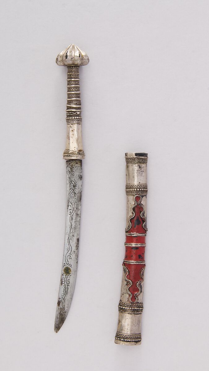 Knife (Dha) with Sheath, Silver, steel, lacquer, Thai