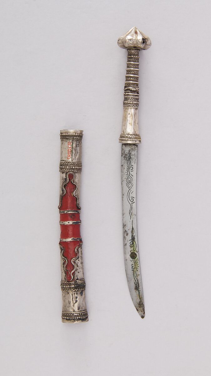 Knife (Dha) with Sheath, Silver, steel, lacquer, Thai 