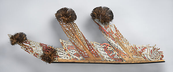 Canoe Prow, Cenderawasih Bay artist, Wood, paint, fiber, cassowary feathers, Cenderawasih Bay 