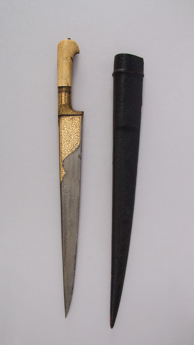 Knife (Khyber) with Sheath, Steel, ivory, gold, iron, wood, leather, Afghan