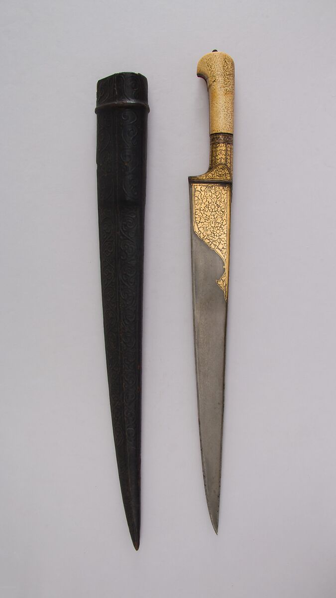 Knife (Khyber) with Sheath, Steel, ivory, gold, iron, wood, leather, Afghan 