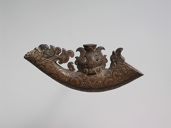 Parpanggalahan (powder horn), Toba Batak artist, Water buffalo horn, wood, metal (lead and tin), Toba Batak 