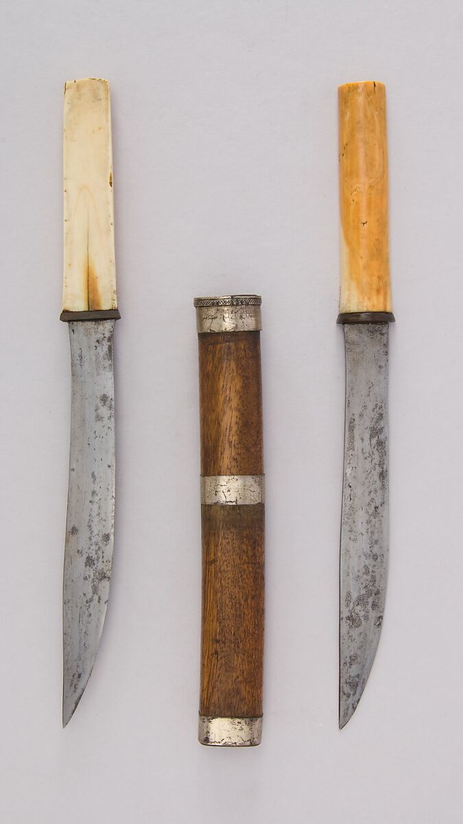 Pair of Knives (Dha) with Sheath, Wood, ivory, steel, silver, Burmese