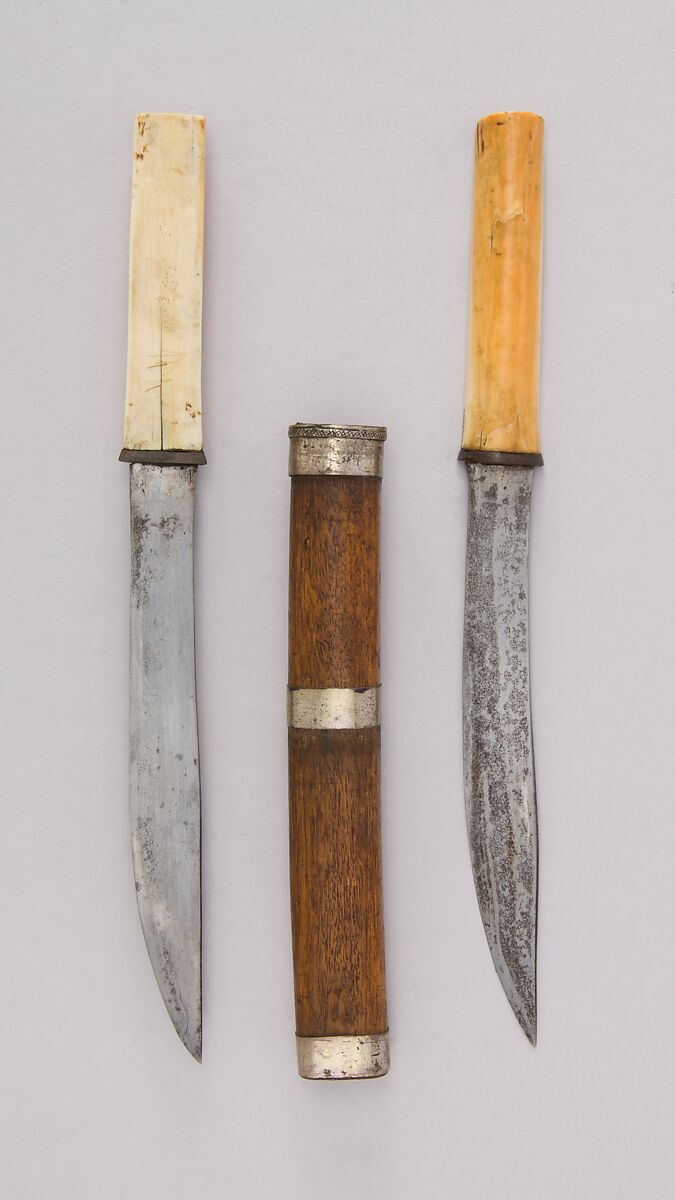 Pair of Knives (Dha) with Sheath, Wood, ivory, steel, silver, Burmese 