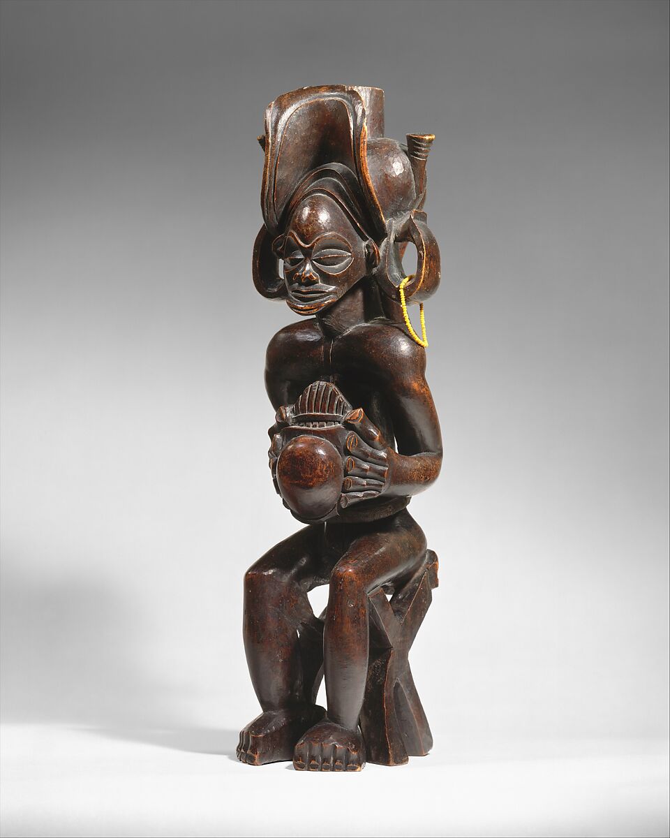 Seated Chief (Mwanangana) Playing Sanza, Chokwe artist, Wood (uapaca), cloth, fiber, beads, dyes, resinous coating, Chokwe 