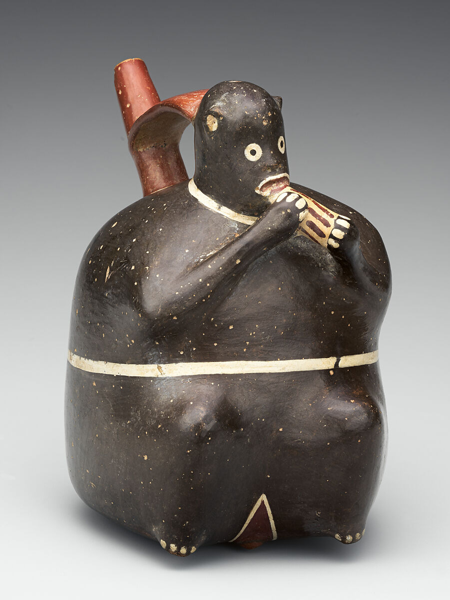 Bottle in the shape of a monkey, Nasca artist(s), Ceramic, slip, Nasca