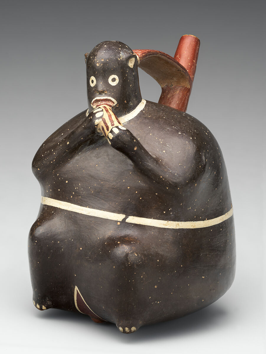 Bottle in the shape of a monkey, Nasca artist(s), Ceramic, slip, Nasca 