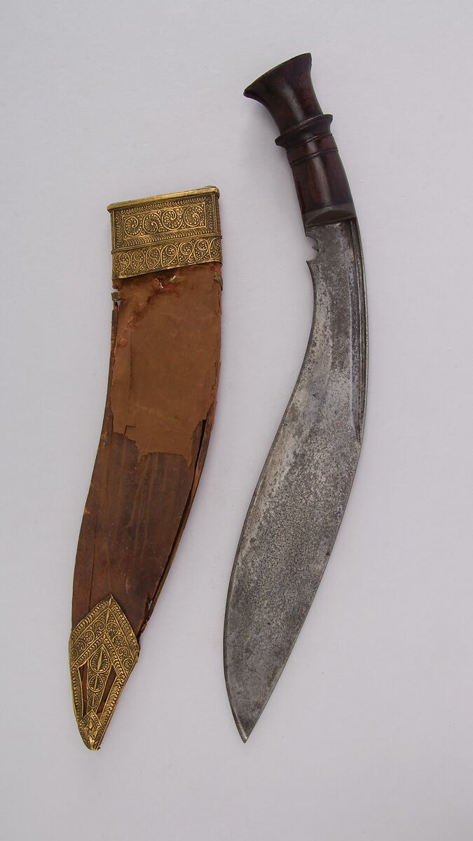 Knife (Kukri) with Sheath, Steel, wood, leather, gold, Indian or Nepalese, Gurkha 