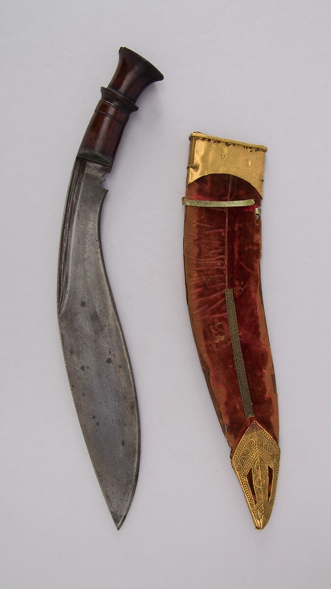 Knife (Kukri) with Sheath, Steel, wood, leather, gold, Indian or Nepalese, Gurkha