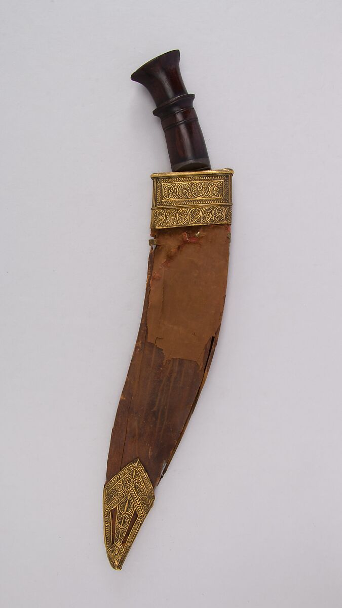 Knife (Kukri) with Sheath, Steel, wood, leather, gold, Indian or Nepalese, Gurkha