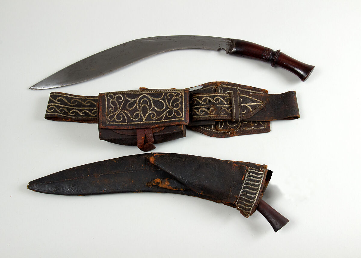 Knife (Kukri) with Sheath, Small Knife, Belt, Pouch and Box, Steel, wood, leather, quill, Indian or Nepalese 