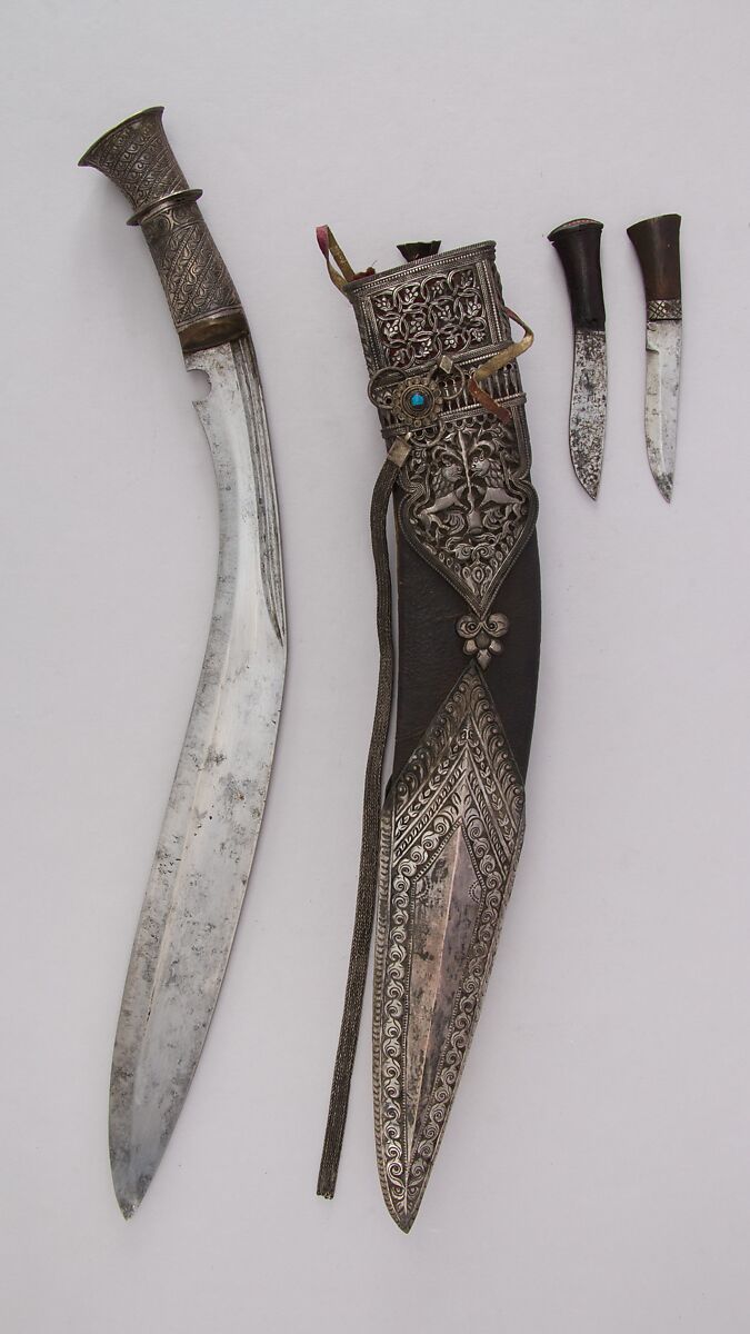 Knife (Kukri) with Sheath, Two Small Knives and Pouch, Steel, silver, wood, leather, Indian or Nepalese, Gurkha 