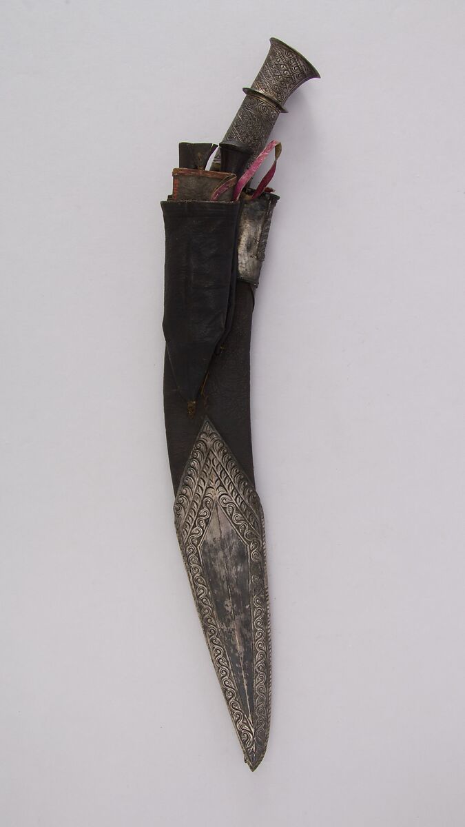 Knife (Kukri) with Sheath, Two Small Knives and Pouch, Steel, silver, wood, leather, Indian or Nepalese, Gurkha