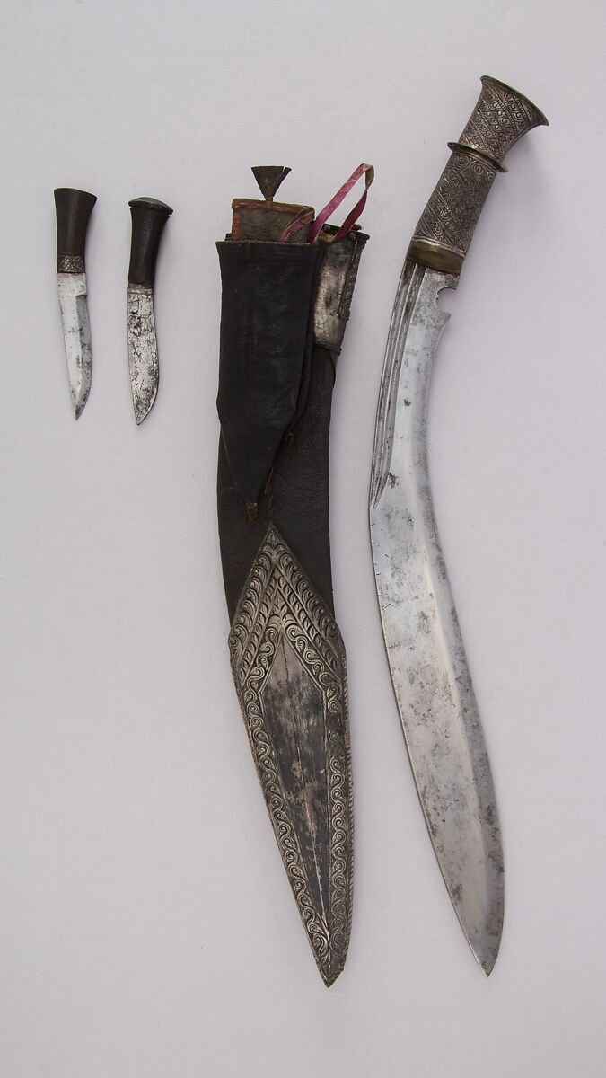Knife (Kukri) with Sheath, Two Small Knives and Pouch, Steel, silver, wood, leather, Indian or Nepalese, Gurkha
