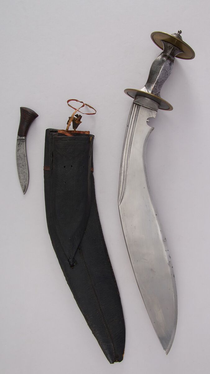 Knife (Kukri) with Sheath, Small Knife and Pouch, Steel, wood, leather, Indian or Nepalese, Gurkha