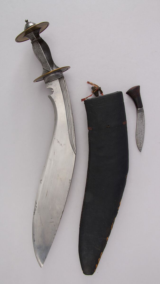 Knife (Kukri) with Sheath, Small Knife and Pouch, Steel, wood, leather, Indian or Nepalese, Gurkha 