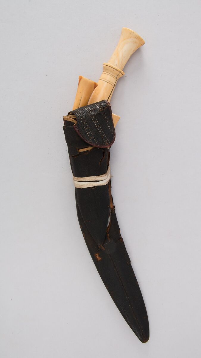 Knife (Kukri) with Sheath, Two Small Knives and Pouch, Steel, ivory, leather, Indian or Nepalese, Gurkha 