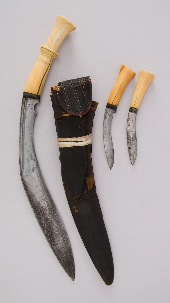 Knife (Kukri) with Sheath, Two Small Knives and Pouch, Steel, ivory, leather, Indian or Nepalese, Gurkha