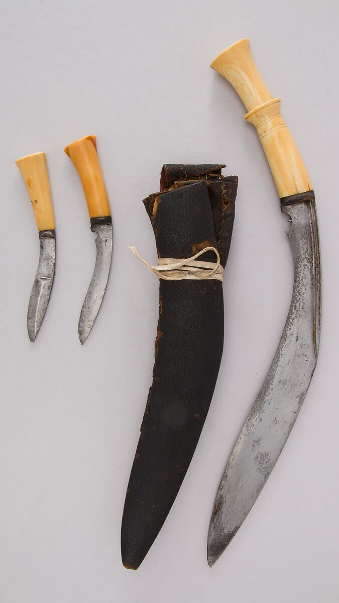 Knife (Kukri) with Sheath, Two Small Knives and Pouch, Steel, ivory, leather, Indian or Nepalese, Gurkha