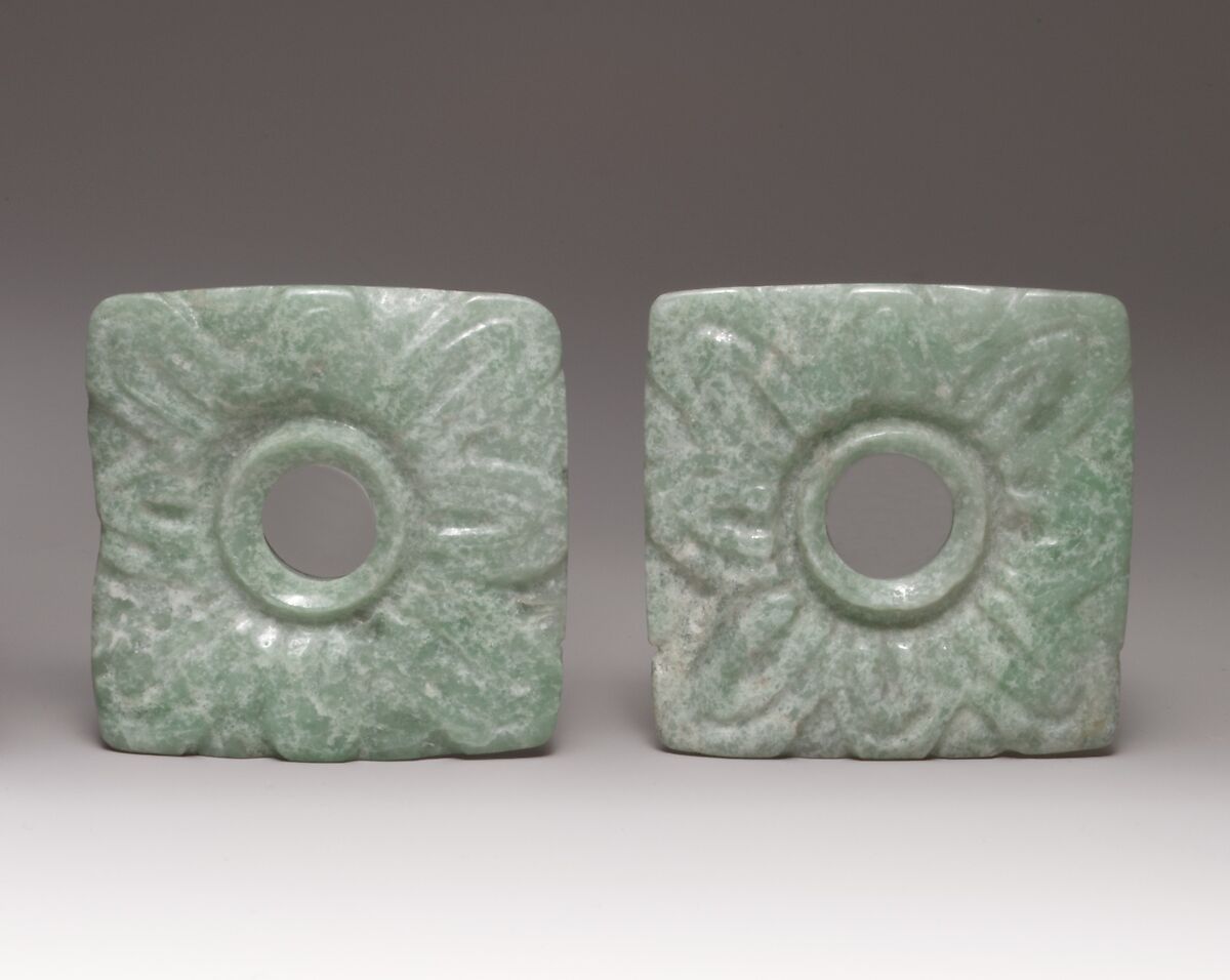 Pair of earflare frontals, Maya artist(s), Jade (jadeite), Maya